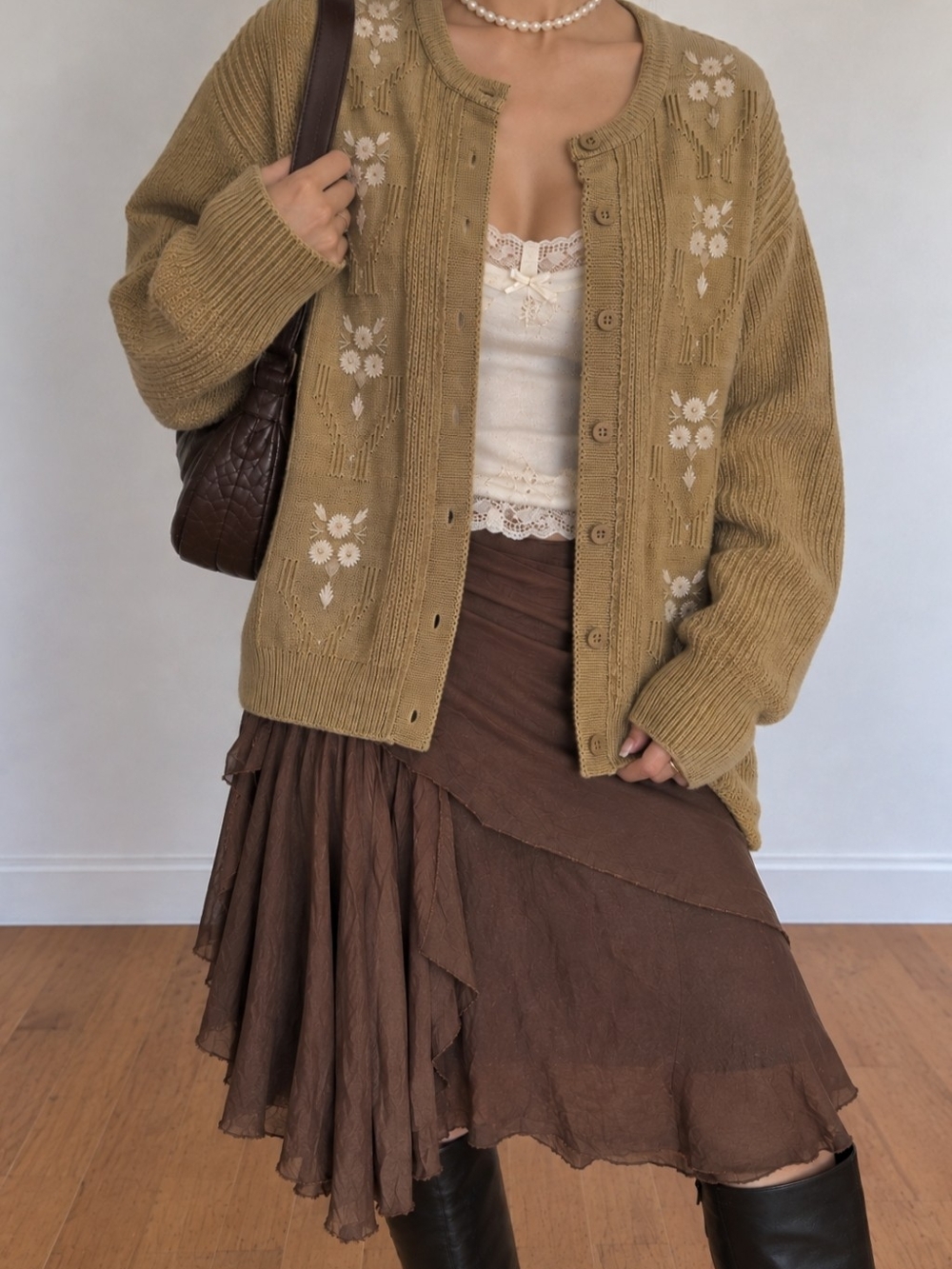 100% Pure Olive Green Floral Embroidered Knit Cardigan